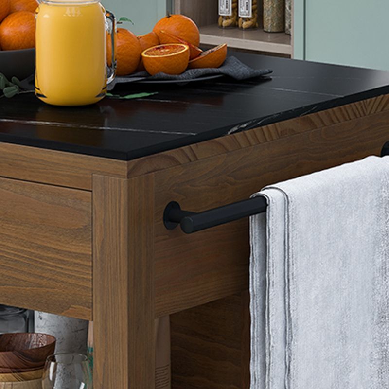 Brown Rectangular Kitchen Island Table with Solid Wood Open Storage