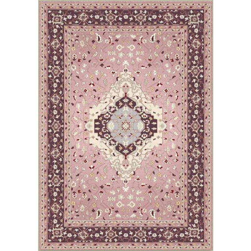 Pink Mediterranean Rug Polyester Medallion and Floral Print Rug Washable Non-Slip Backing Carpet for Living Room