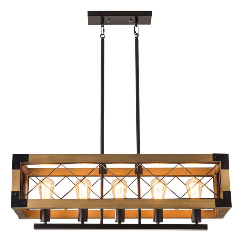 Rectangle Over Island Lighting Wooden Retro Industrial Style Hanging Island Lights for Restaurant