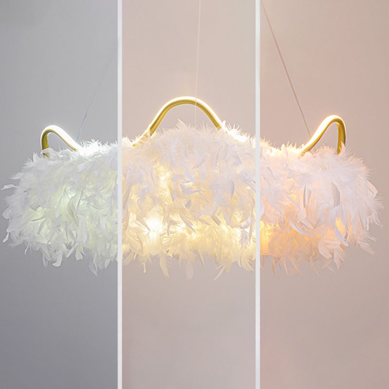 Crown Shaped LED Chandelier Minimalist Feather White Hanging Light for Kids Bedroom