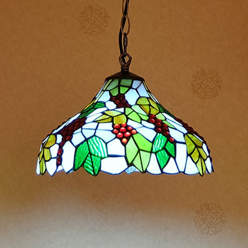 Grapes Drop Lamp 1 Light Stained Glass Tiffany Style Suspension Lighting Fixture in Green