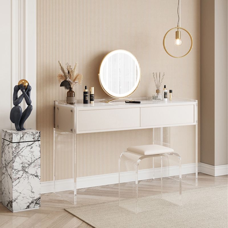 Stone Top Make-up Vanity White Wood Dressing Table with 2 Storage Drawers
