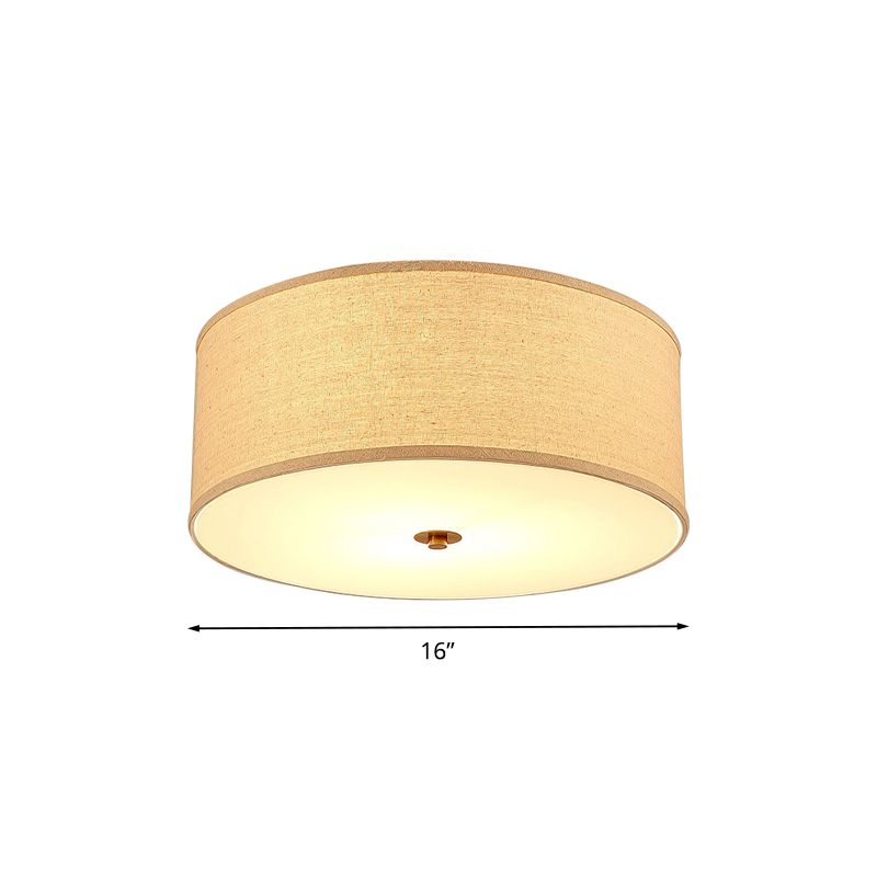 1 Bulb Dining Room Ceiling Lamp Minimalist Flaxen Flushmount with Drum Fabric Lampshade