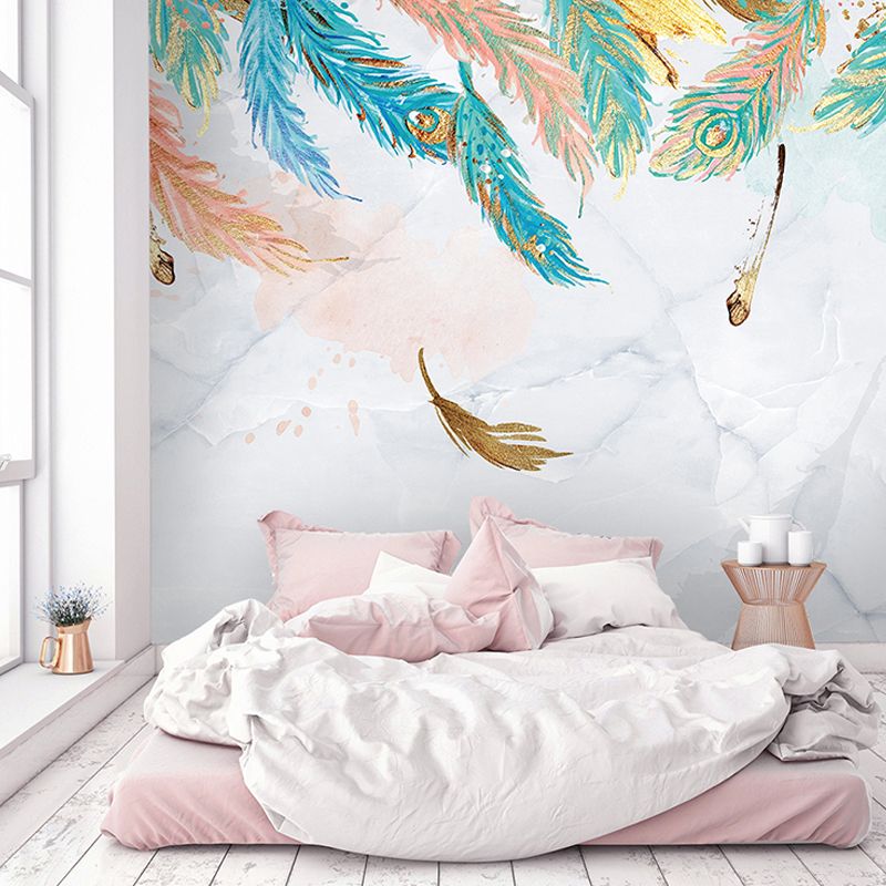 Non-Woven Fabric Full Mural Wallpaper Multicolored Feather Wall Covering, Made to Measure
