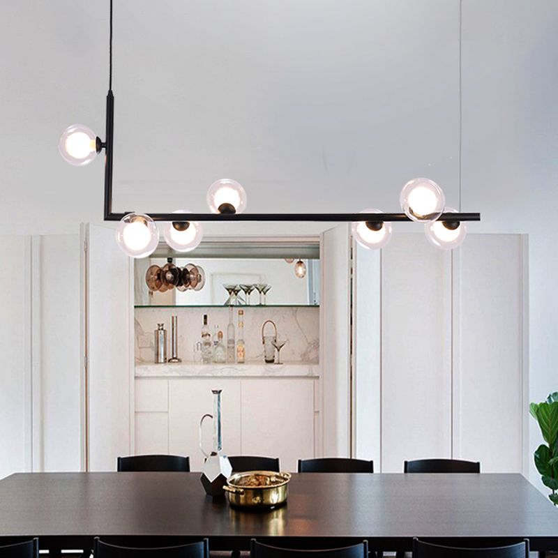 Contemporary Ball Clear Glass Island Lighting 7 Lights LED Suspension Pendant Lamp in Black with Right Angle Arm