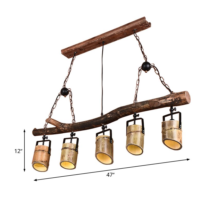 Wood Linear Island Pendant Light Farmhouse Bamboo 5 Lights Restaurant Hanging Lamp
