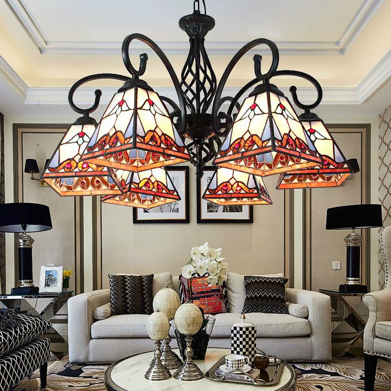 Stained Glass Pyramid Chandelier 6 Lights Traditional Hanging Ceiling Light for Foyer