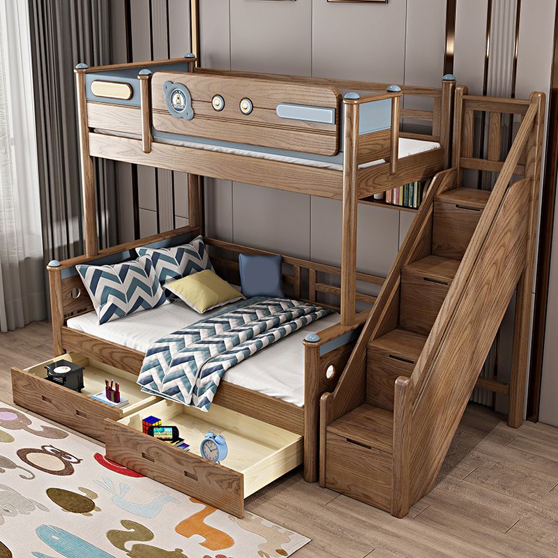 Brown Ash Standard Bunk Bed Solid Wood Scandinavian Bed with Guardrail