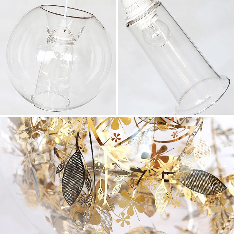 Global Transparent Glass Suspension Light Minimalist 1 Bulb Ceiling Pendant with Scattered Flower Deco