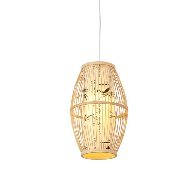 Diamond/Drum/Barrel Drop Pendant Asian Style Bamboo 1-Light Restaurant Hanging Light Kit in Beige