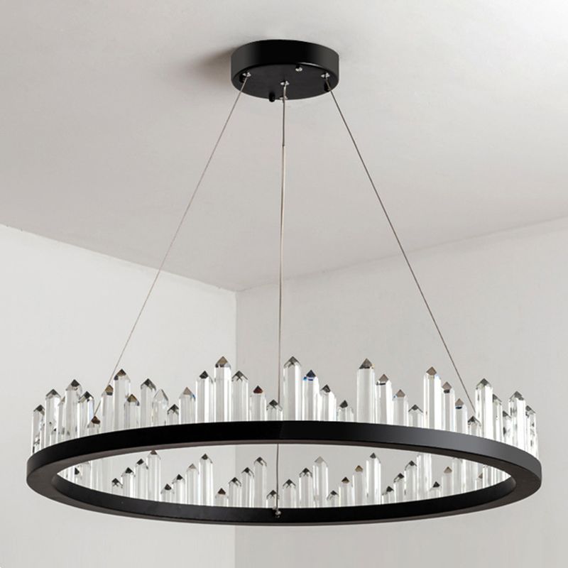 Black Circular LED Pendant Light in Modern Luxury Style Wrought Iron Hanging Lamp with Crystal Shade