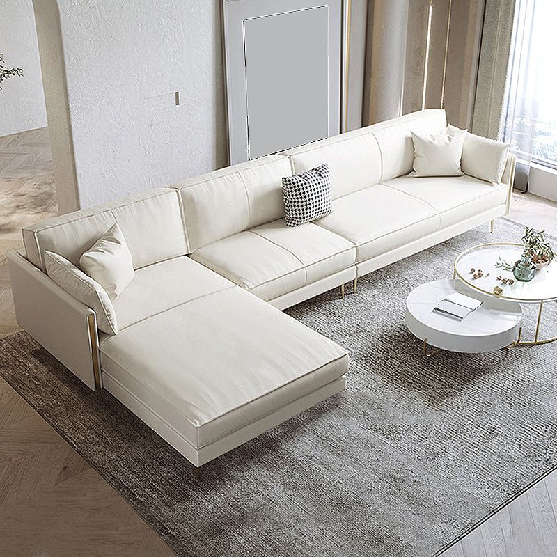 Recessed Arm Beige Cushion Back Sectional Stain-Resistant Genuine Leather Sofa