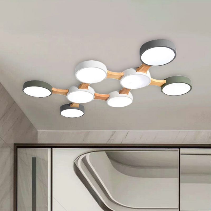Lámpara de techo empotrada redonda de madera y metal nórdica 3/4/5 luces empotrada en el techo gris para dormitorio en blanco cálido/blanco