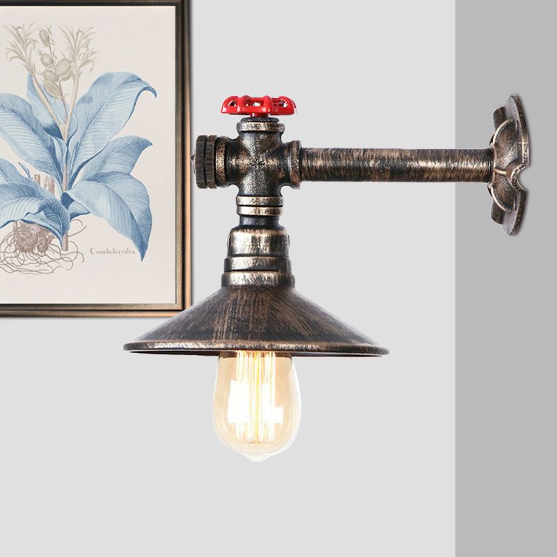Metallic Antique Bronze Wall Mount Light Water Pipe 1 Bulb Industrial Loft Wall Lighting with Cone Shade