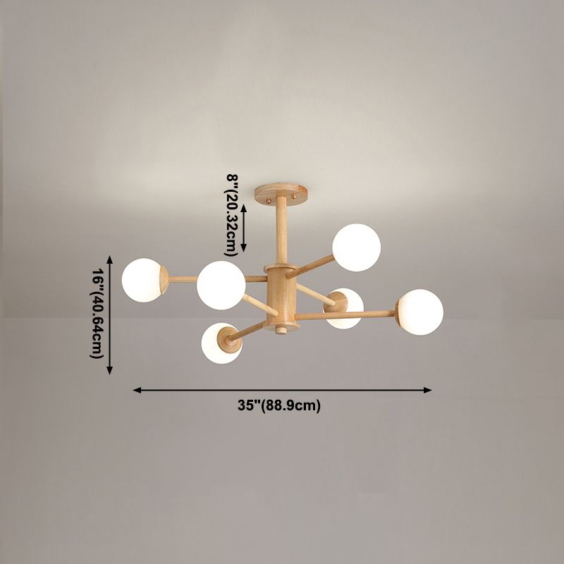 Modern Simplicity Globe Chandelier Wooden Indoor Pendant Light with White Glass Shade
