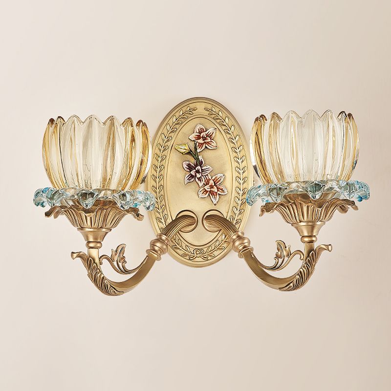 Antique Flower Wall Lamp 2 Lights Clear Ribbed Glass Sconce Lighting Fixture in Gold