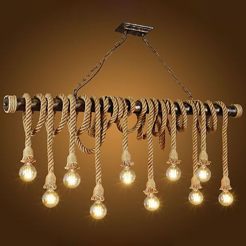 Hemp Rope Exposed Bulb Island Light Fixture Retro Restaurant Ceiling Pendant Light in Flaxen