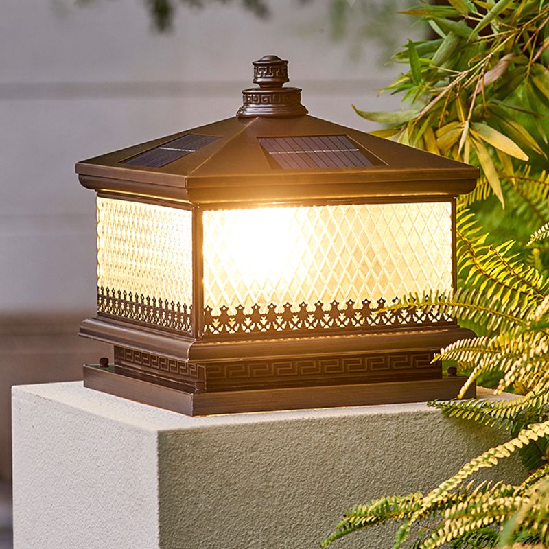 Rectangular Shape Metal Solar Pillar Lamp Modern Style 1 Light Outdoor Lights in Bronze