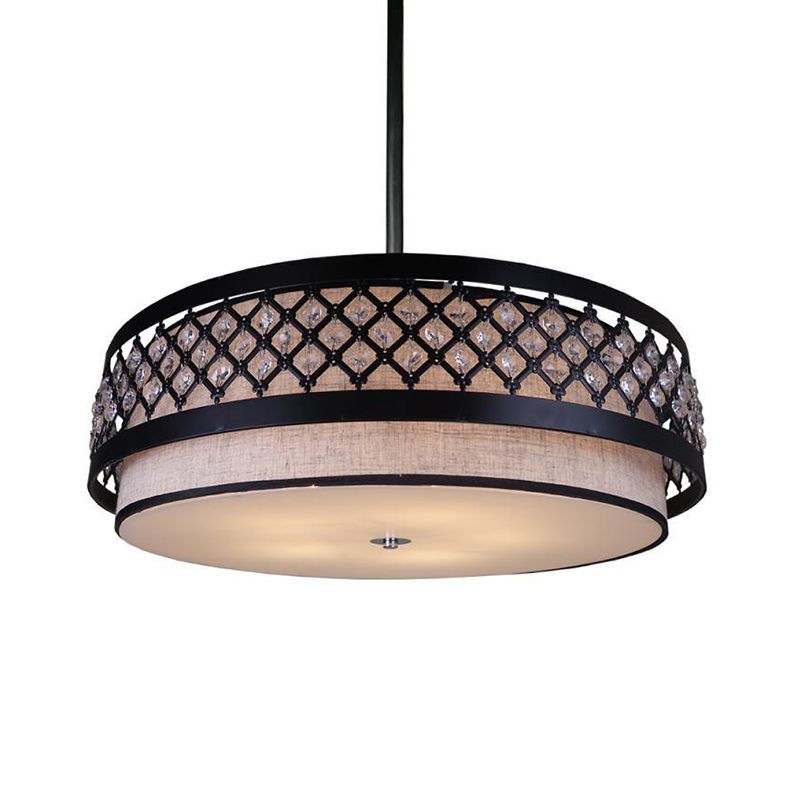 Hand Sewn Fabric Drum Pendant Farmhouse 5-Light Bedroom Chandelier Lighting with Crystal Detailing Cage Guard, Black