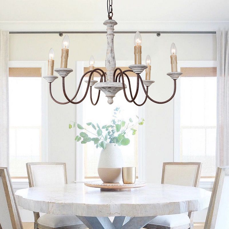6 Lights Wood Suspended Lighting Fixture Traditional Curving Dining Room Ceiling Suspension Lamp