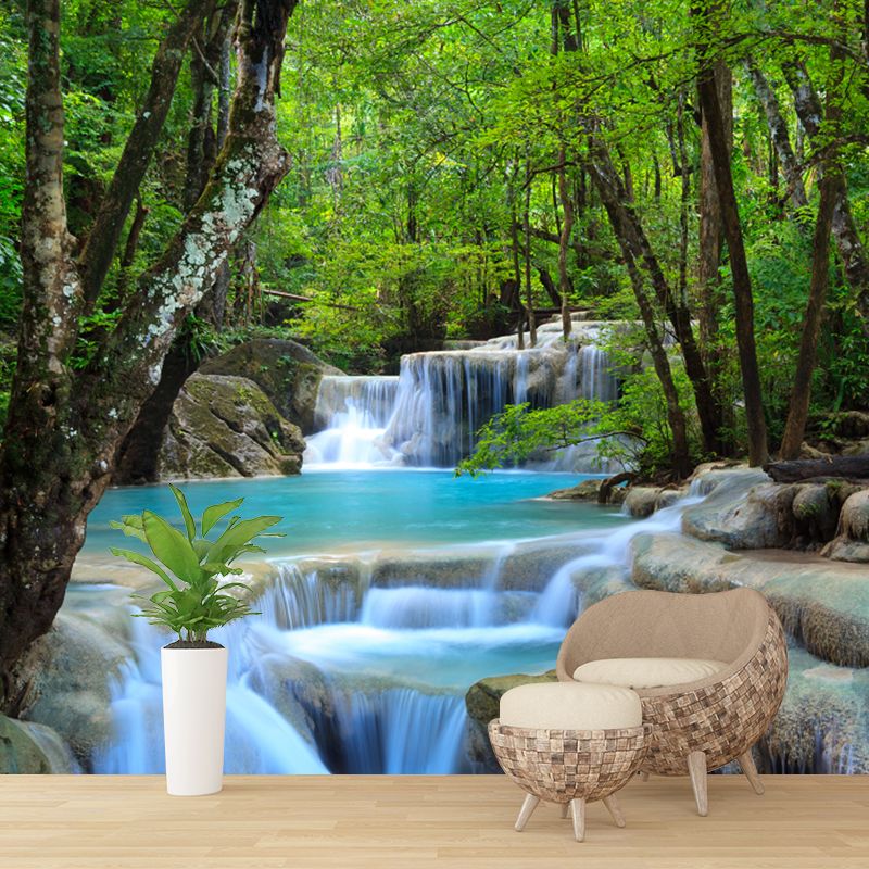 Green Forest Waterfall Murals Stain Resistant Wall Covering for Living Room Decor