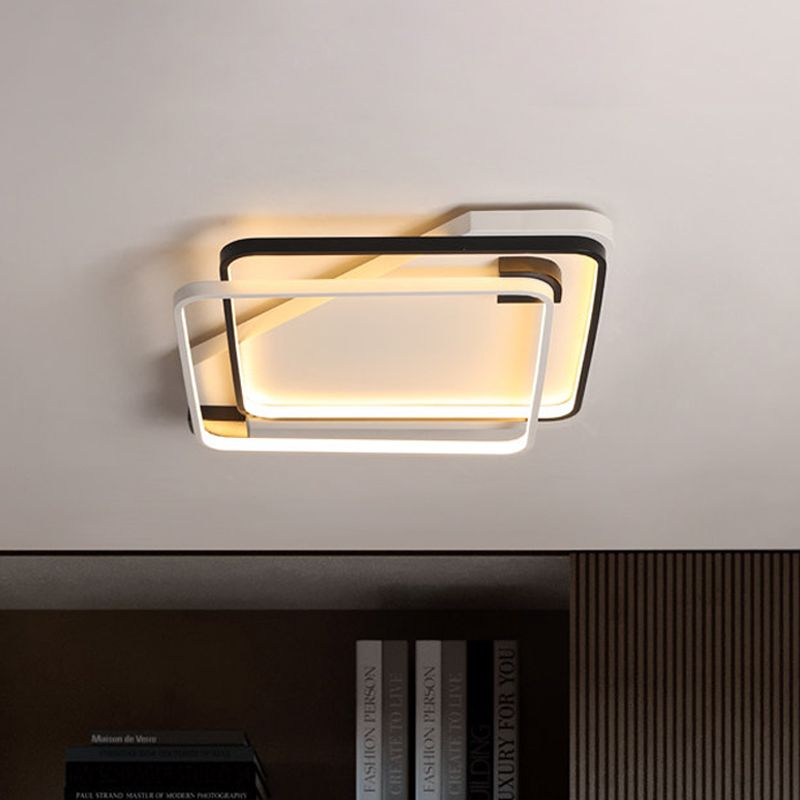 Dual Square Ring Design Flush Mount Minimalism Silica Gel Lounge 18"/22" W LED Ceiling Lamp in Warm/White Light, Black-White