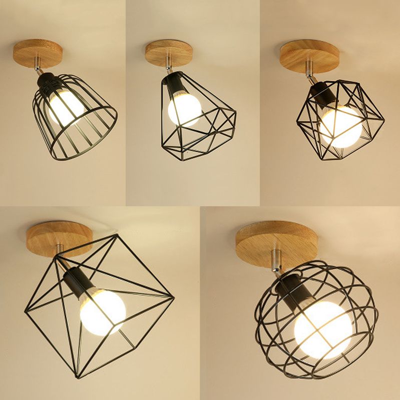 1 Licht einstellbare Quadrat/Kugel Deckenleuchte mit Käfig Schatten Industrial Black Metall halbbündiges Licht für Korridor