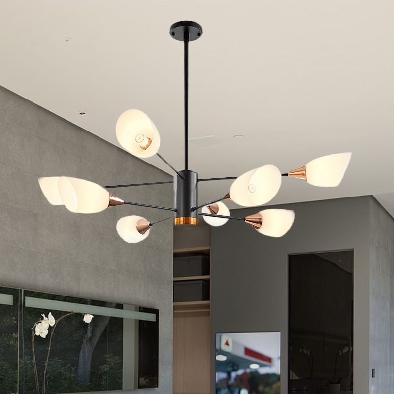 8 têtes salon suspendu le lustre modernisme luminaire pendentif noir avec une teinte en verre laiteux floral