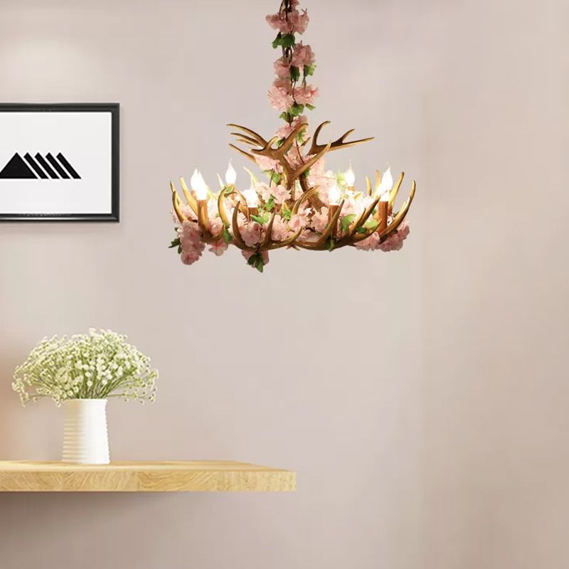 Candle Living Room Hanging Lamp Rustic Resin 4/6/12 Bulbs Pink/Green Chandelier Pendant Light