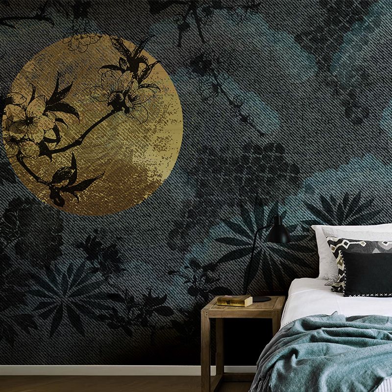 Moon and Flower Shadow Murals Contemporary Stain-Resistant Bedroom Wall Decor, Custom Size