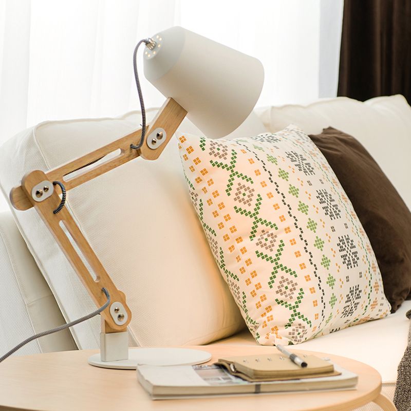 Lampada da scrivania in metallo conico moderno 1 tavola bianca a testa con braccio in legno regolabile