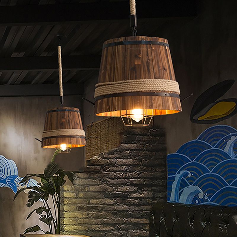 Wooden Bucket Shade Pendant Lighting One Light Rustic Stylish Hanging Lamp in Brown for Bar