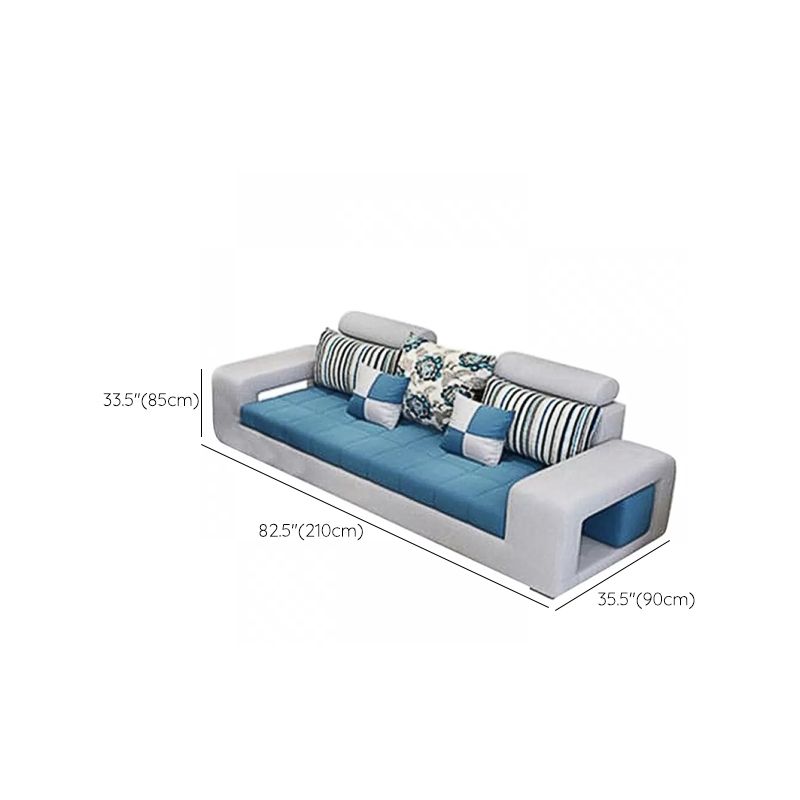 Farmhouse U Sofa in Blue Loose Back Faux Leather/Fabric Seating with Storage