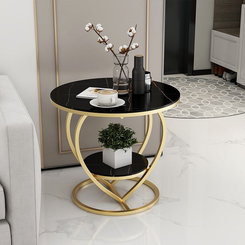 Luxury Marble Round Accent Side Table Abstract Metal Frame End Table with Shelf