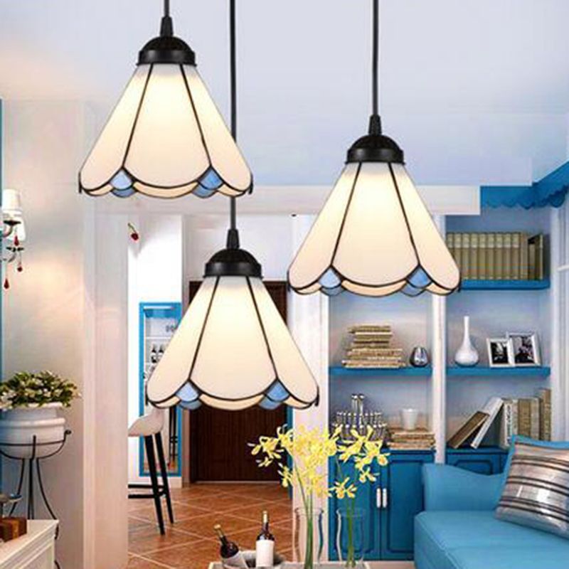 Cone Multi Ceiling Light 3 Bulbs White Glass Tiffany Style Suspension Lighting with Scalloped Edge