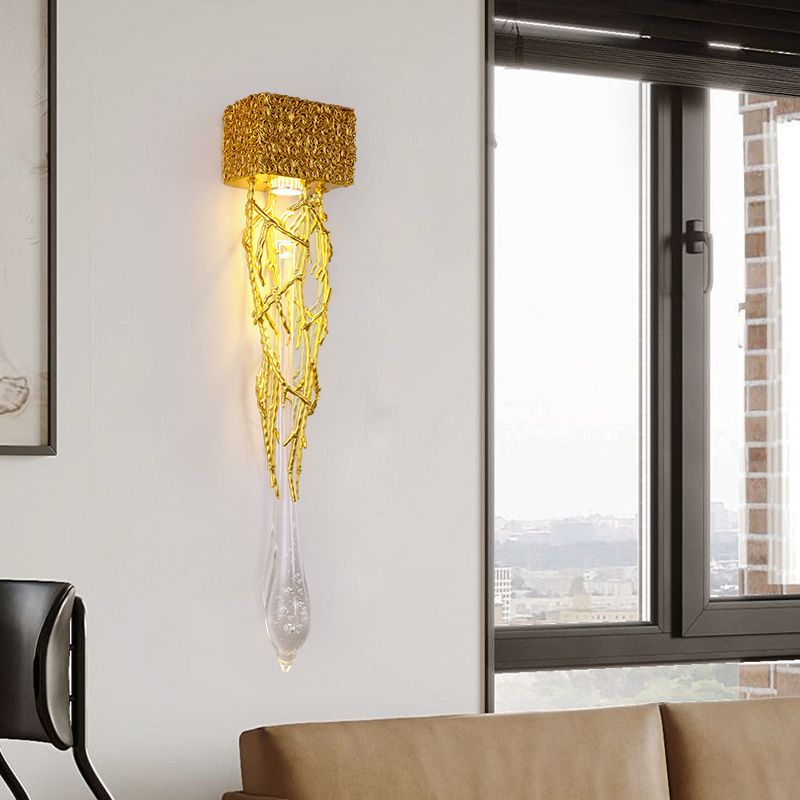 Crystal Droplet Wall Lamp Postmodern 1 Bulb Gold Plated Sconce Lighting for Stairs