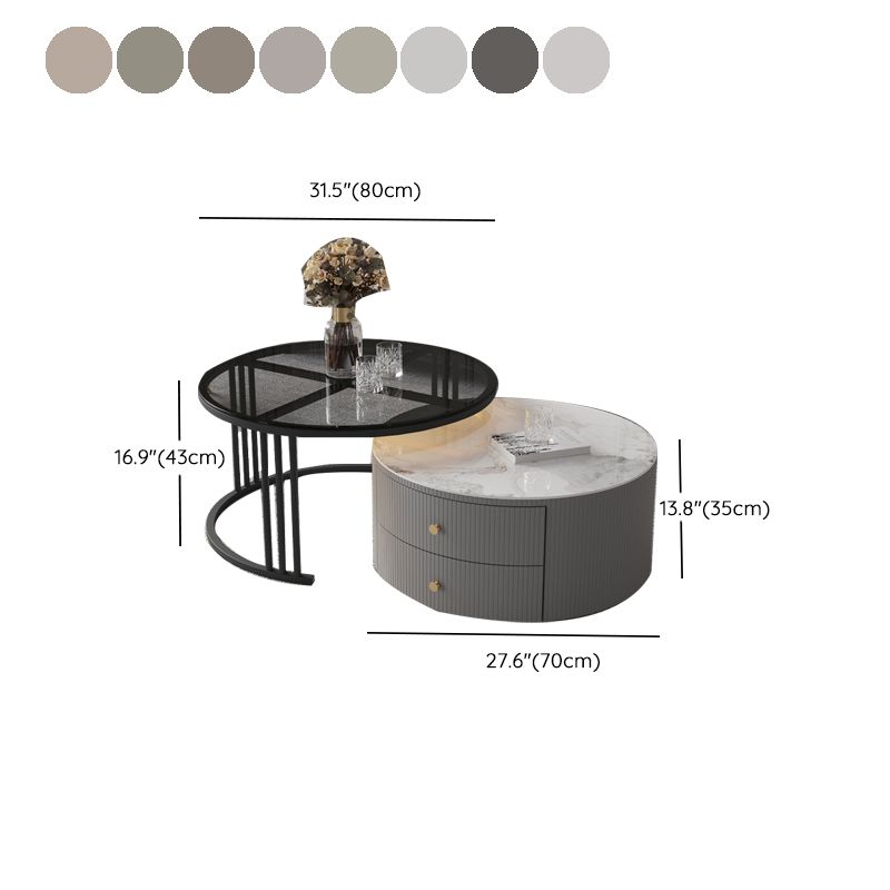 Contemporary Cocktail Table Round Glass / Slate Coffee Table with Drawers