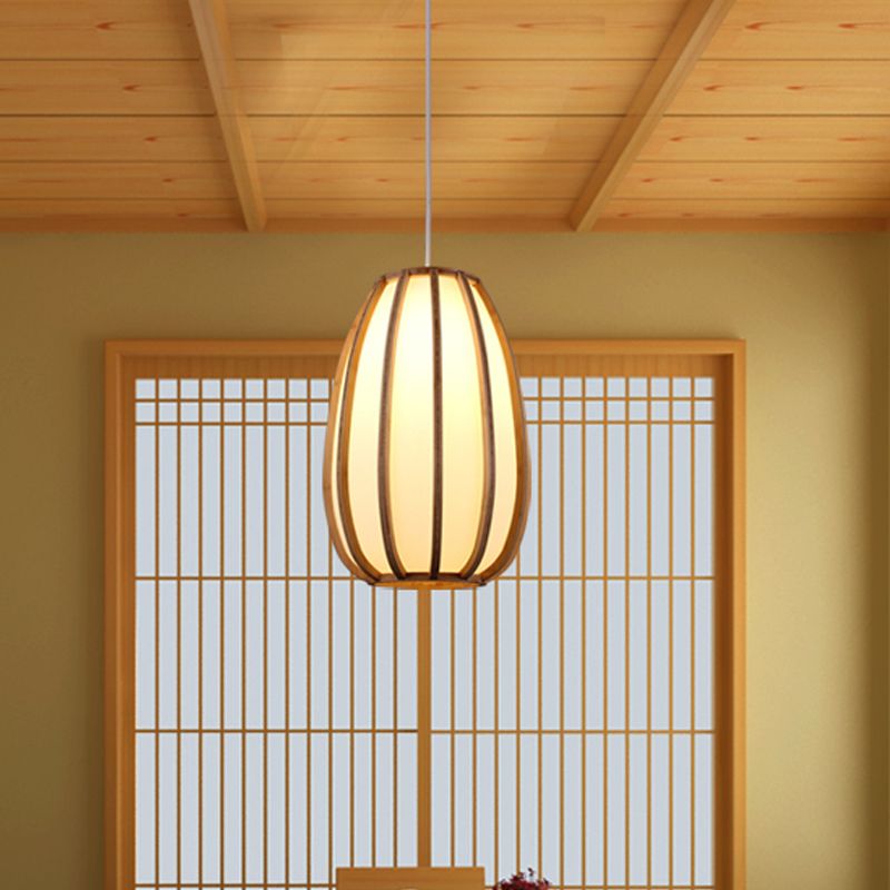 Beige Teardrop Hanging Light Asian 1 Bulb Wood Pendant Lighting Fixture for Dining Room
