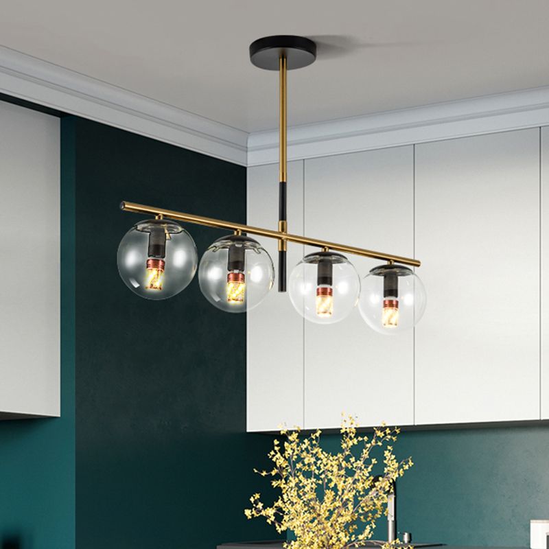 Contemporary Ball Island Lighting Clear Glass 4 Bulbs Hanging Pendant Light in Black and Gold