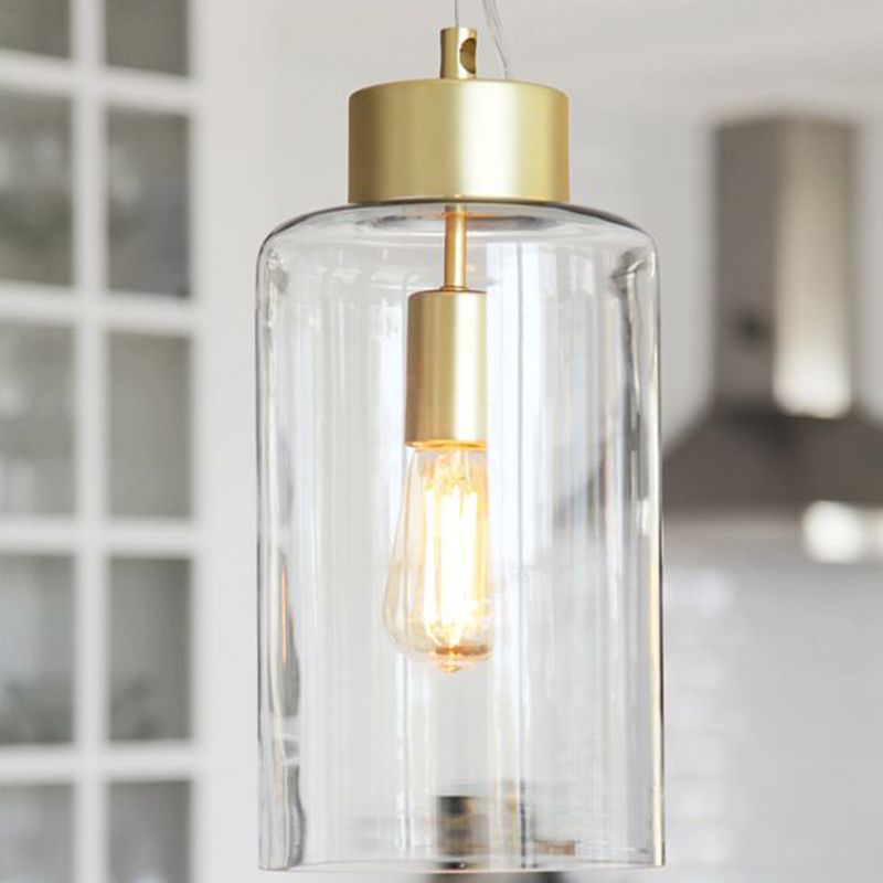Brass Cylinder Hanging Light Fixture Modernism 1 Head Clear Glass Pendant Ceiling Light