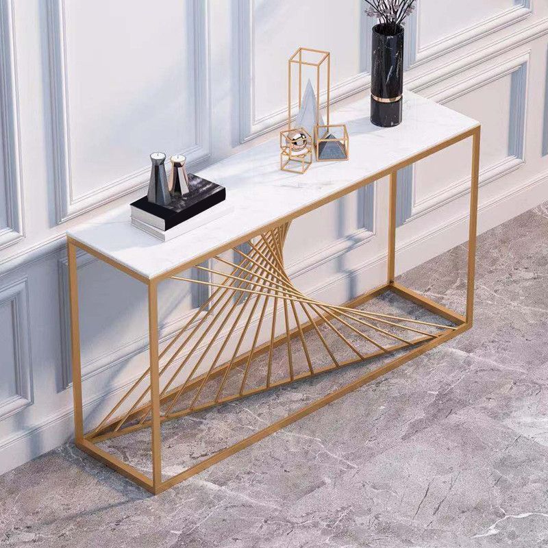 Glam Rectangle Console Table Antique Finish Console Sofa Table in Marble