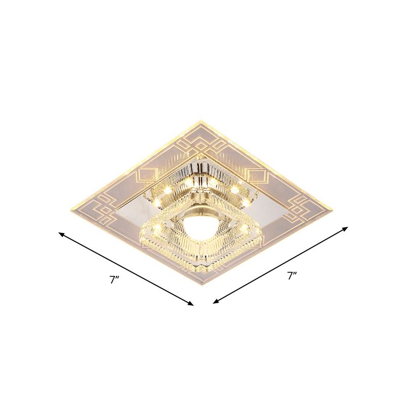 LED Corridor Flush Light Fixture Modern Chrome Close to Ceiling Lamp with Trapezoid Clear Crystal Shade