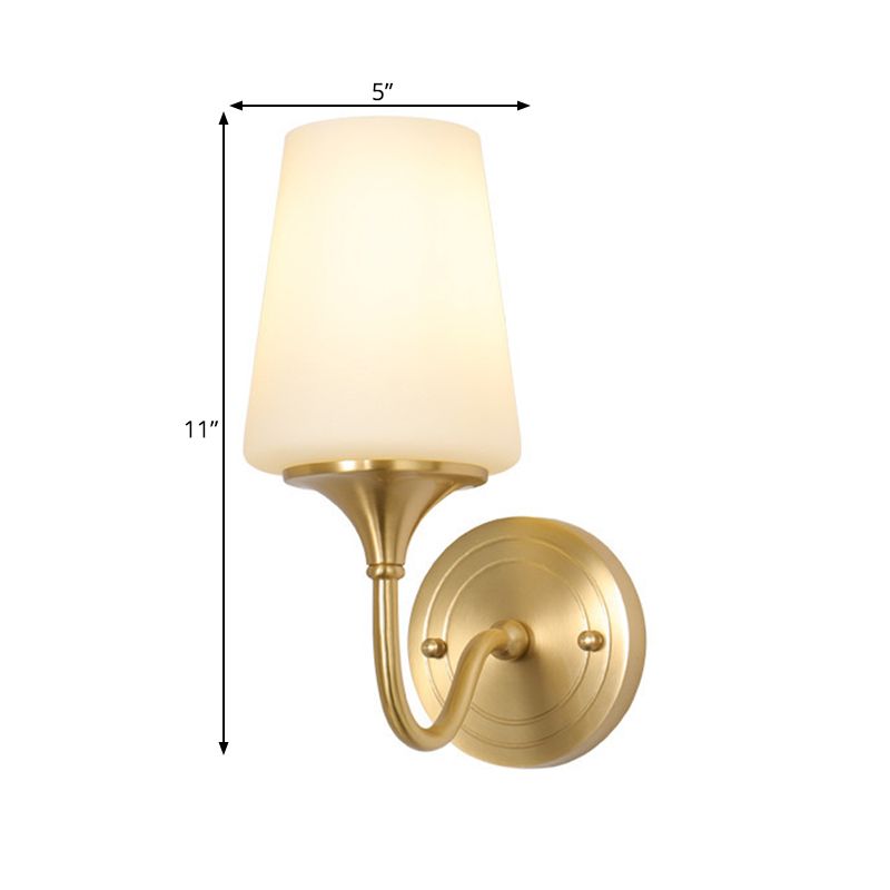 1/2-Bulb Cone Shade Wall Light Contemporary Style White Glass Wall Sconce Lighting in Brass for Bedroom