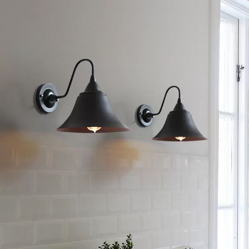 Single-Bulb Bell Shade Wall Lamp Farmhouse Black Iron Gooseneck Wall Mounted Light Fixture
