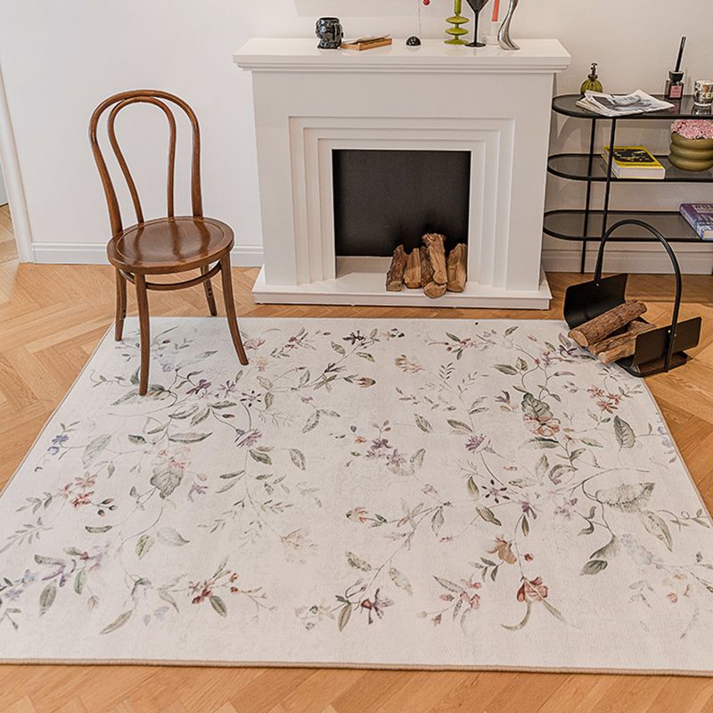 White Plant Pattern Area Carpet Polyester Bohemian Area Rug Easy Care Washable Rug for Home Decor