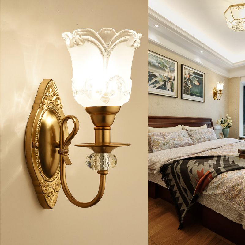 Frosted Glass Petal Wall Lamp 1/2 Light Contemporary Sconce Lighting with Crystal Deco and Carved Backplate in Gold