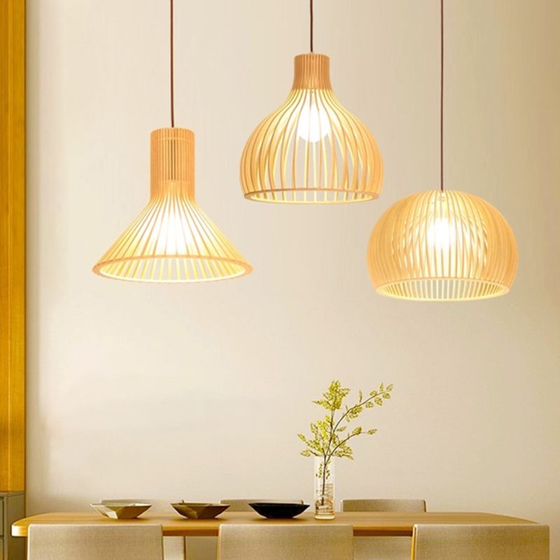 Shaded Dining Room Pendant Light Wood Single-Bulb Contemporary Suspension Light Fixture