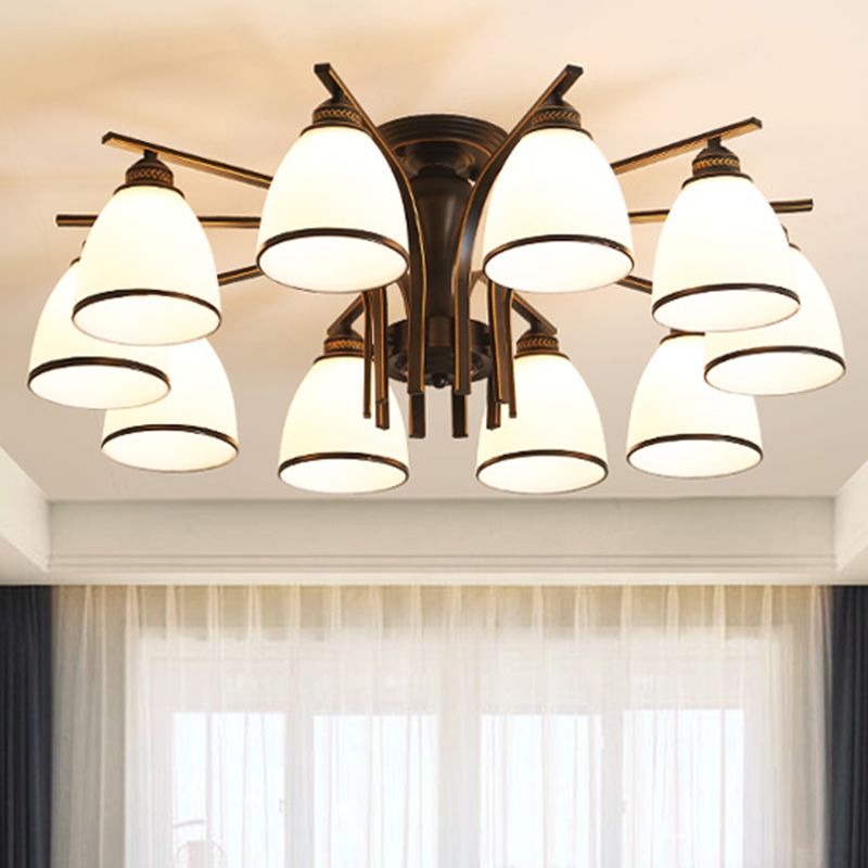 Retro Bell Flush Mount Light Frosted Glas halb Flush Kraut in Schwarz für Wohnzimmer