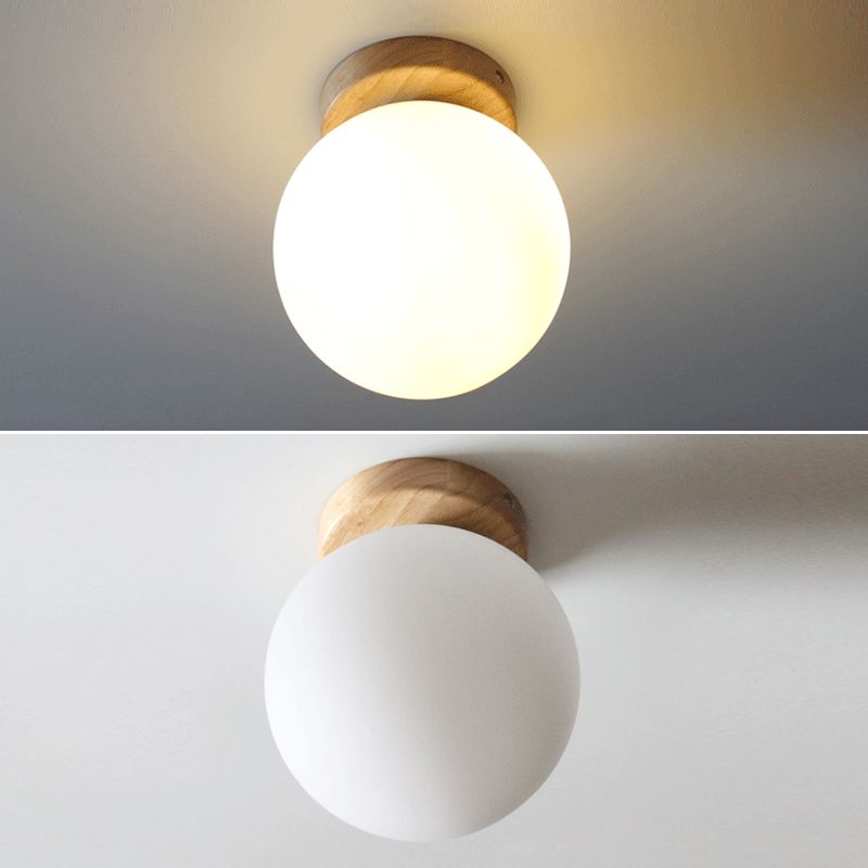 Scandinavian Wooden Ceiling Light Globe Glass Shaded Flush Mount Lighting