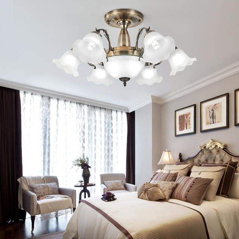 American Style Ceiling Light Flower Shape Ceiling Lamp with Glass Shade for Bedroom